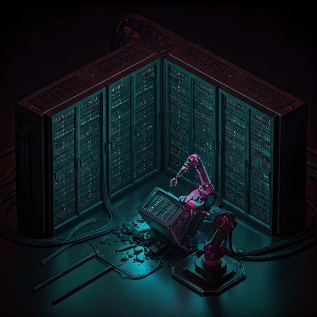 Wireframe data center with glowing servers, robotic arms fixing a failed node, teal and magenta lights
