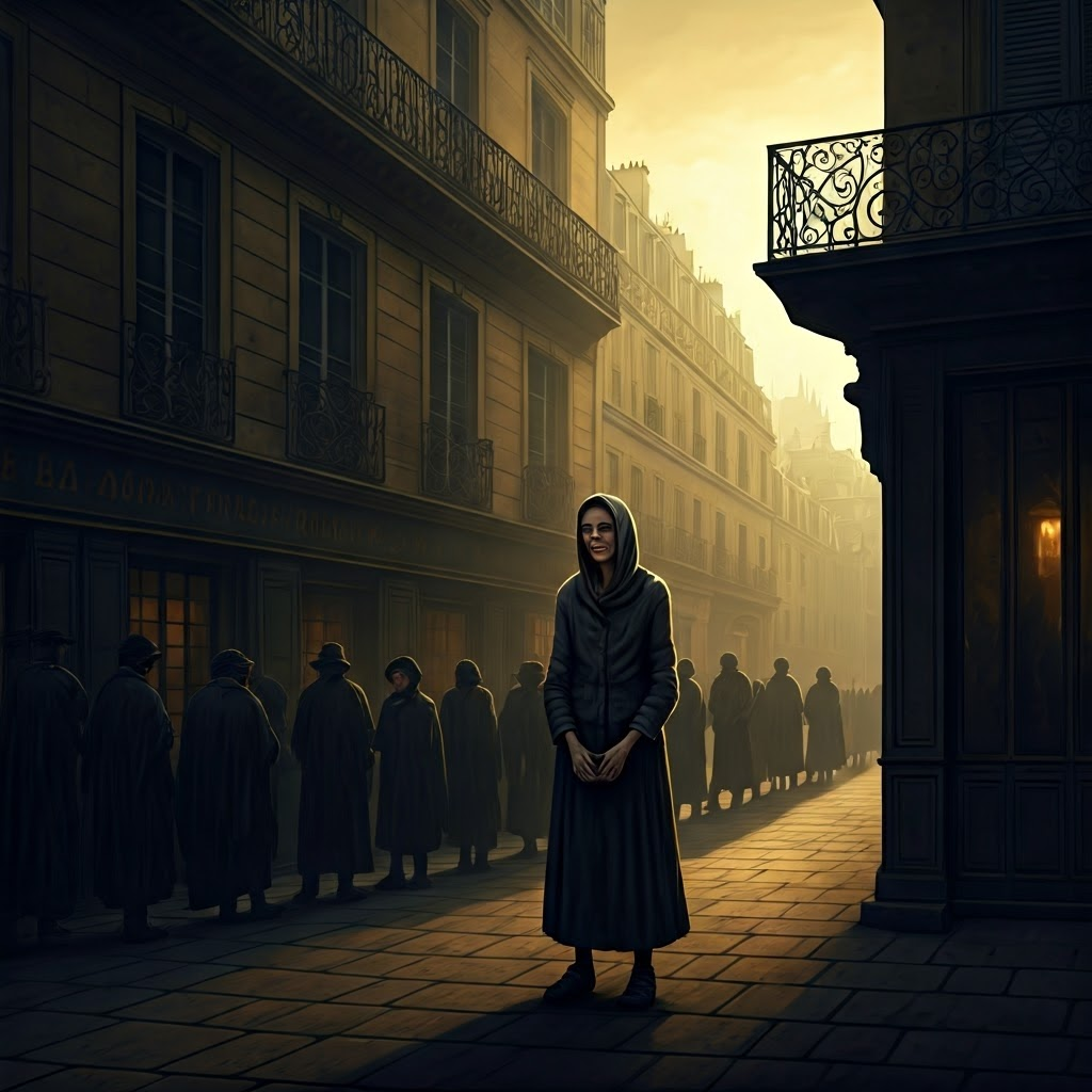 Early morning bread line in misty Paris; hungry faces in deep shadow, cinematic noir mood