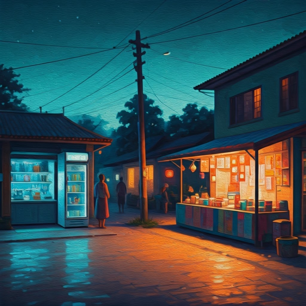 A village street bustles after dark under bright solar lamps; a clinic fridge hums while shops stay open.