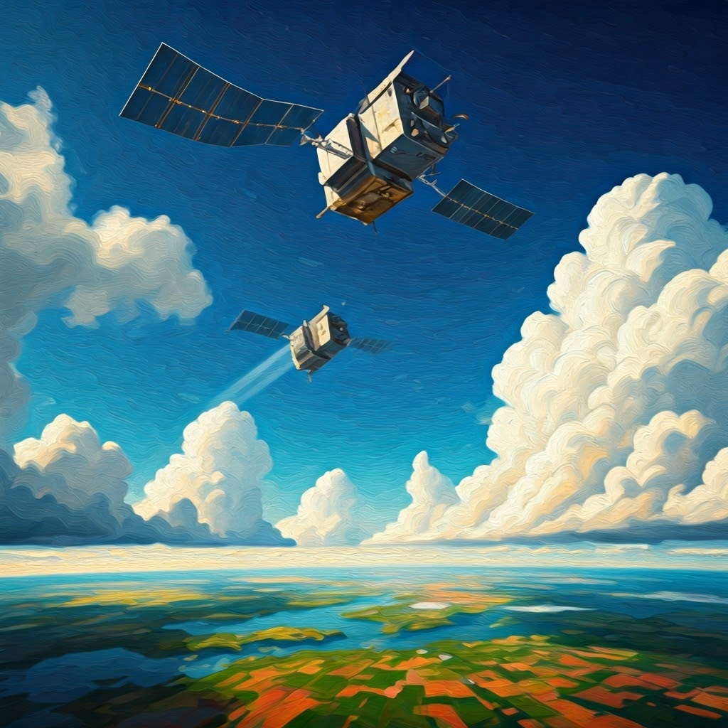 Impressionist painting of three satellites—polar and geostationary—circling above colorful continents and oceans.