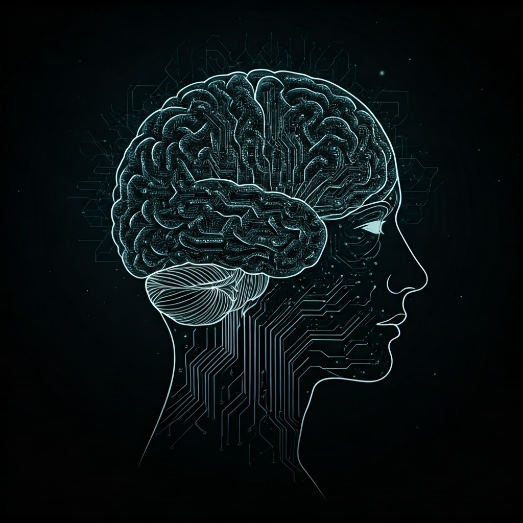 Brain silhouette merging into circuits and floating words, symbolizing human-like understanding