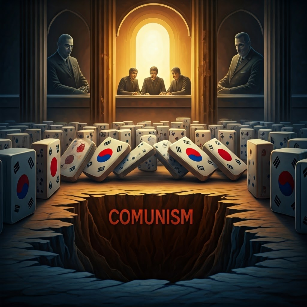 An abstract scene of oversized dominoes painted with the flags of South Korea, Japan, and the Philippines toppling toward a dark chasm labeled “Communism,” while ghostlike figures of American, Soviet, and Chinese leaders debate in shadowy alcoves above. Style: surrealist mixed-media digital painting bursting with symbolic detail.