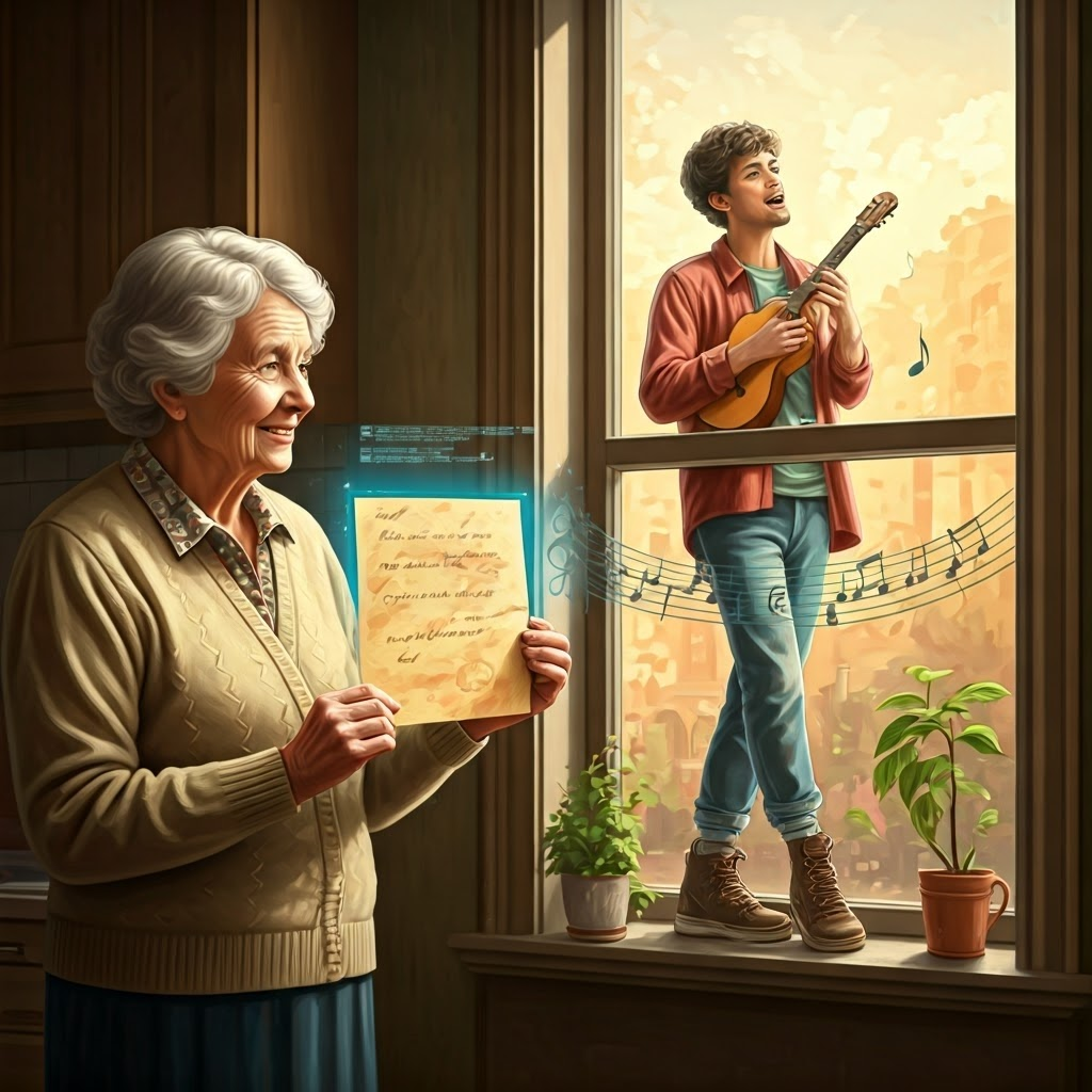 An elderly woman holds a blurry recipe photo while an AI interface turns the handwriting into clear digital text; nearby, AI identifies a tune from a humming musician.