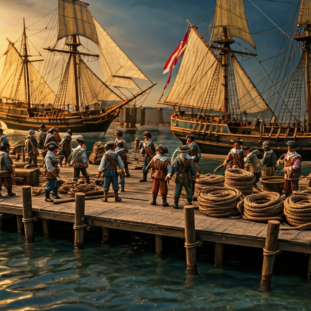 Bustling 17th-century harbor rendered in steampunk miniature, showing multinational sailors coordinating trade and technology.
