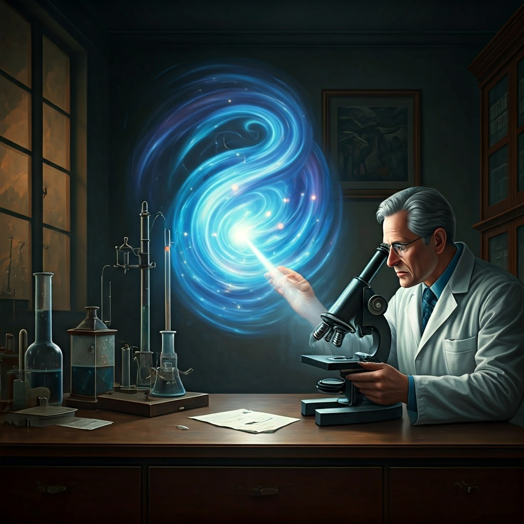 A mid-century scientist directs a light beam through a prism toward swirling blue-purple clouds that represent an electron wavefunction, while a pinpoint of light forms under a brass microscope in warm lamplight