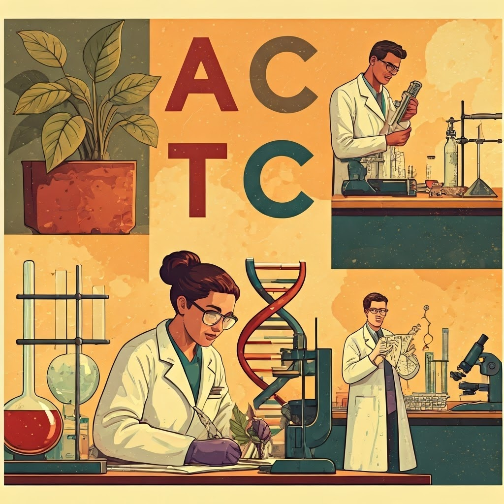 Retro poster of global scientists studying A, T, C, and G across different life forms.