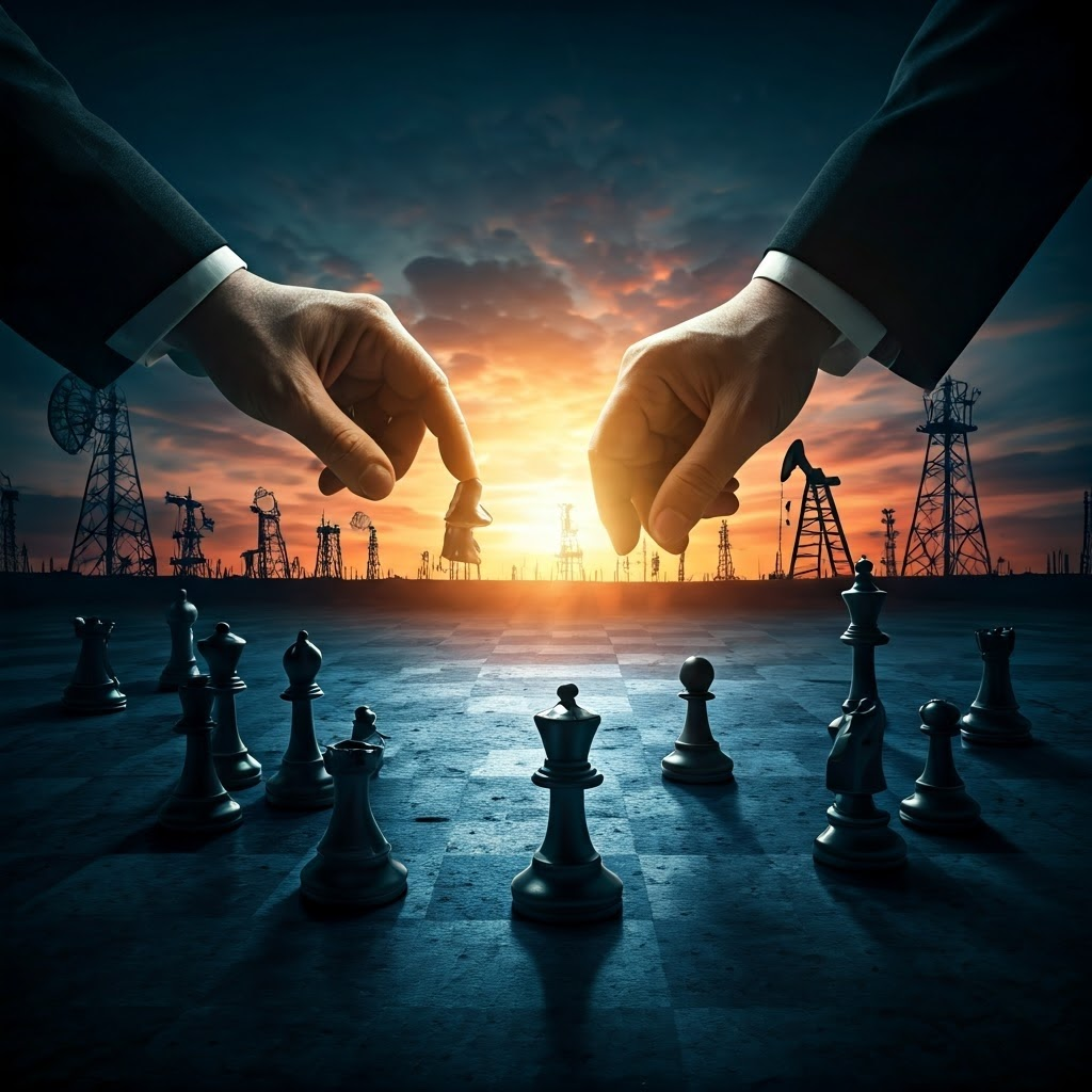Middle East chessboard with superpower pawns, local leaders as pieces, oil wells in background—region as strategic game