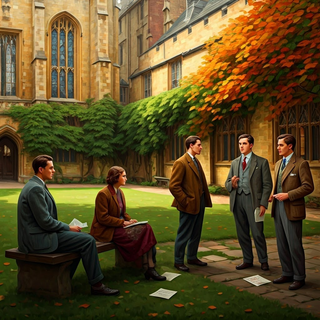 Cambridge University students in the 1930s quietly discuss radical ideas that will fuel future Soviet espionage