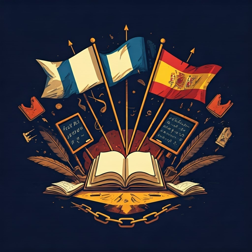 Graphic clash of colonial languages against local scripts, representing power struggles over language and identity.