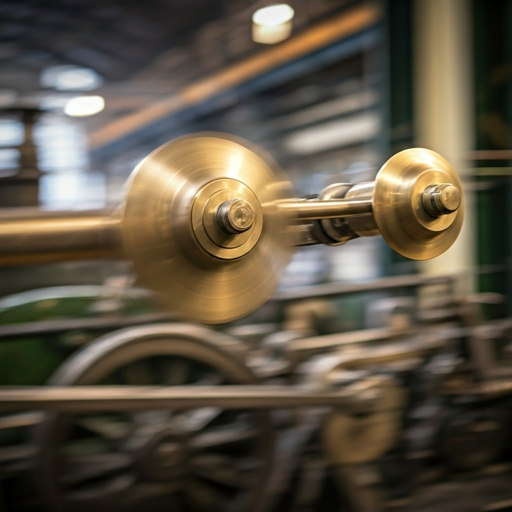 Close-up of Watt’s centrifugal governor: two brass spheres spinning outward above a humming engine