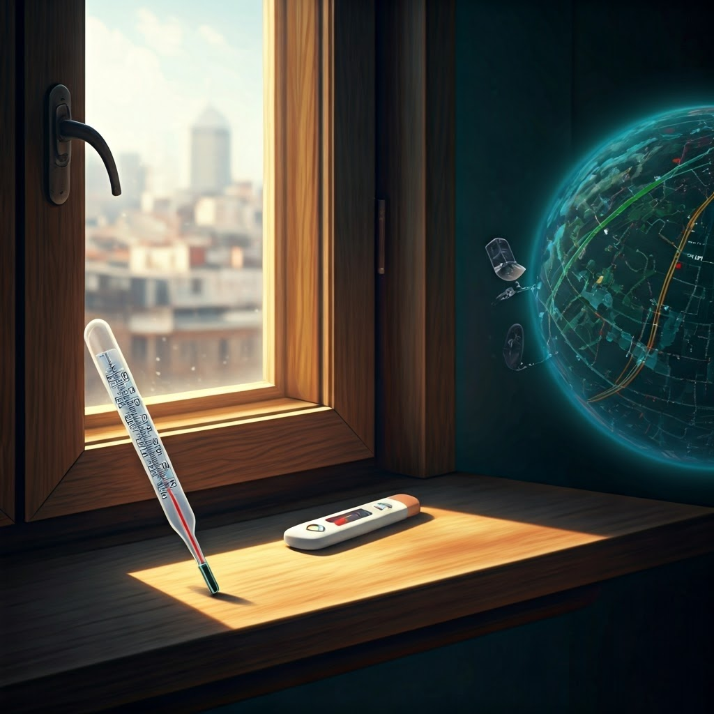 Thermometer in direct sun reads too hot while GPS graphic jumps, showing bias and outliers.