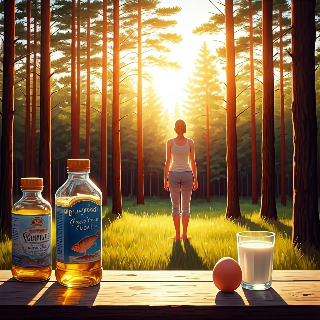 Impressionist scene of a person soaking up midday sun in a forest clearing, with fish oil, an egg, and fortified milk nearby